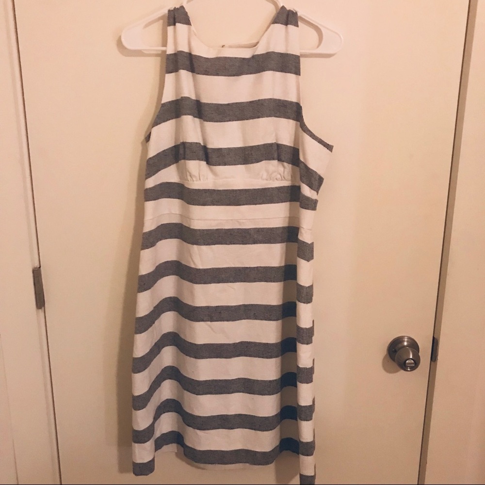 Gray and white striped business casual dress